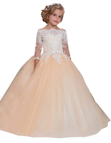 2020 princess champagne lace girls pageant dresses 3/4 sleeves bateau neck flower girls dresses, White;red 
2020 princess champagne lace girls pageant dresses 3/4 sleeves bateau neck flower girls dresses, White;red