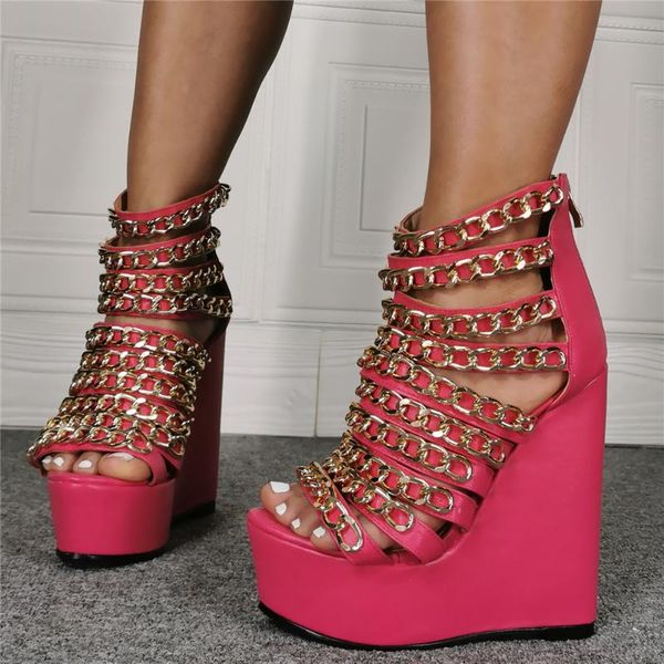 fahion gold chain wedge sandals peep toe pink leather high platform summer shoes cut-out hollow back zipper wedge shoes, Black
fahion gold chain wedge sandals peep toe pink leather high platform summer shoes cut-out hollow back zipper wedge shoes, Black