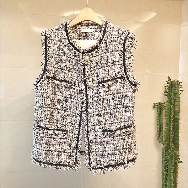 new spring fall small fragrance women's vest jacket pearl button elegant tassel tweed vest coat lady's woolen waistcoat, Black;white
new spring fall small fragrance women's vest jacket pearl button elegant tassel tweed vest coat lady's woolen waistcoat, Black;white
