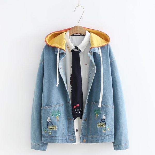 japanese style women cute cat embroidered denim jackets autumn long sleeve loose oversize coats patchwork hooded jeans jacket, Tan;black
japanese style women cute cat embroidered denim jackets autumn long sleeve loose oversize coats patchwork hooded jeans jacket, Tan;black
