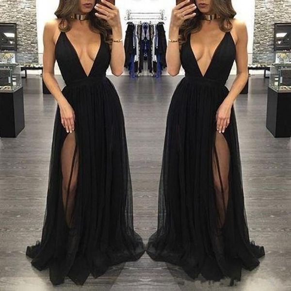 2019 New Modest High Fashion Black Sexy Prom Dresses Deep V-Neck Backless Side Split Tulle Dresses Evening Wear Red Carpet Gowns
2019 New Modest High Fashion Black Sexy Prom Dresses Deep V-Neck Backless Side Split Tulle Dresses Evening Wear Red Carpet Gowns