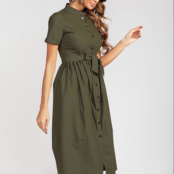 summer solid color stand collar lace-up dress nail buckle waist a- line dress, Black;gray
summer solid color stand collar lace-up dress nail buckle waist a- line dress, Black;gray