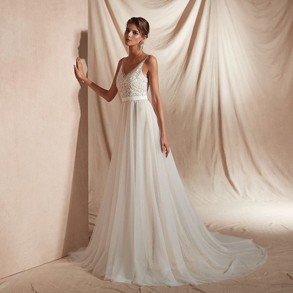 me007 rustic a-line tulle wedding dress lace appliques pearls beading vintage wedding dress low v back unique wedding gowns, White
me007 rustic a-line tulle wedding dress lace appliques pearls beading vintage wedding dress low v back unique wedding gowns, White
