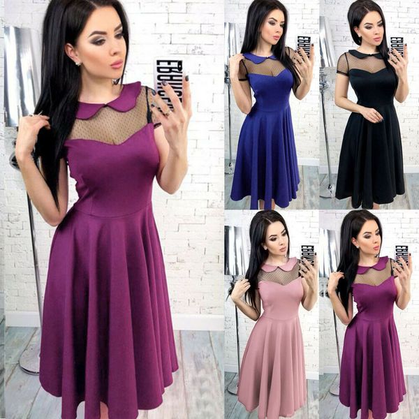 women peter pan neck mesh splicing dot print a line skater midi dress cocktail, Black;gray
women peter pan neck mesh splicing dot print a line skater midi dress cocktail, Black;gray