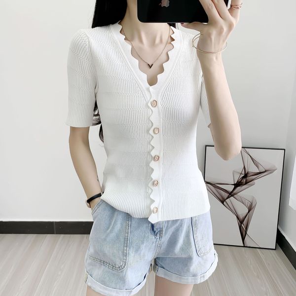 summer t-shirt 2020 wavy v-neck slim ice silk short-sleeved knitted cardigan short t-shirt thin female, White
summer t-shirt 2020 wavy v-neck slim ice silk short-sleeved knitted cardigan short t-shirt thin female, White