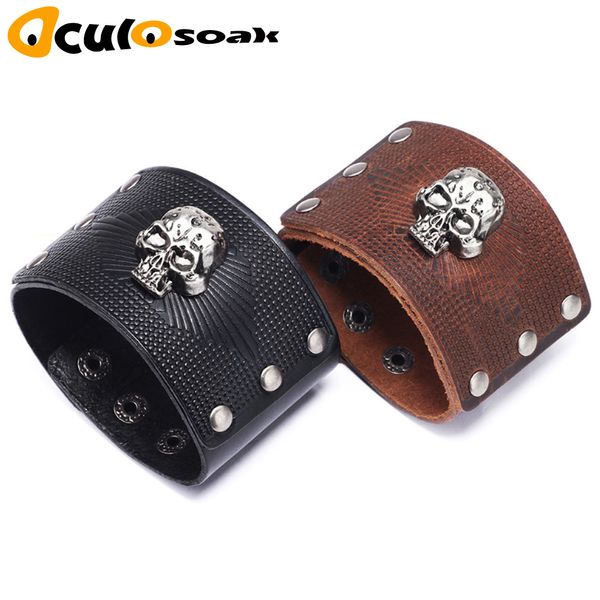 

vintage punk big wide genuine leather braid wrap bracelet skull bangle wristband cuff snap clasps for male men jewelry gifts, Black