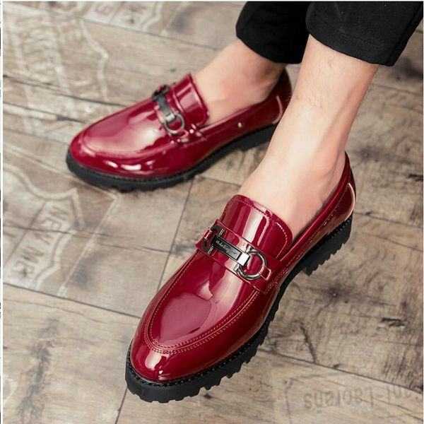 

man red gentleman pointed toe brogue loafers shoes fashion men's patent leather shoes wedding business dress le-49, Black