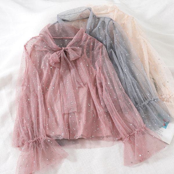 new 2018 lace blouse pearls summer women mesh see through bow bandage flare long sleeve elegant famale blouse plus size, White
new 2018 lace blouse pearls summer women mesh see through bow bandage flare long sleeve elegant famale blouse plus size, White