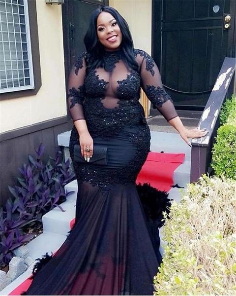 african black girls prom dresses mermaid long sleeves sheer neck illusion appliques sequins long evening gowns
