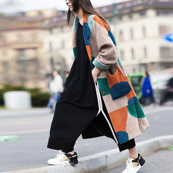 fashion women lapel single-breasted cardigan long coats patchwrok color blend long sleeve loose knit female coat, Black
fashion women lapel single-breasted cardigan long coats patchwrok color blend long sleeve loose knit female coat, Black