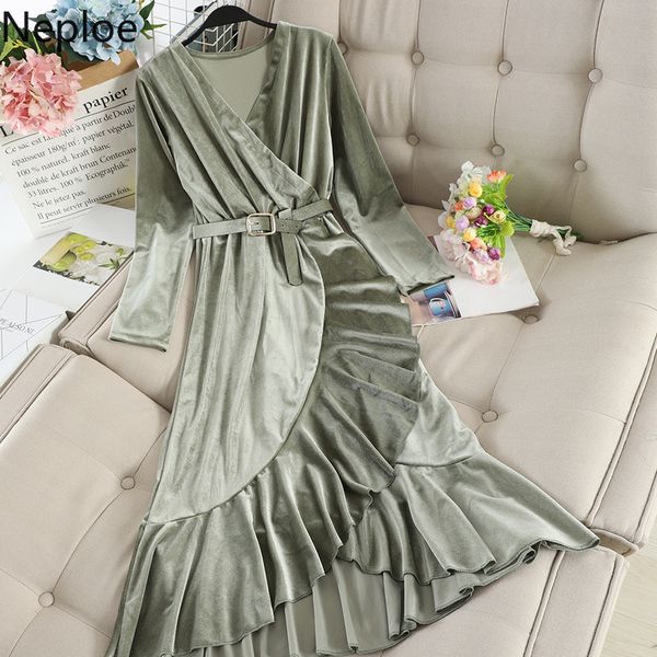 neploe temperament retro velet dress women v neck irregular ruffle slim vestido slim waist belt autumn winter bottom party ropa, Black;gray
neploe temperament retro velet dress women v neck irregular ruffle slim vestido slim waist belt autumn winter bottom party ropa, Black;gray