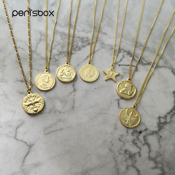 

peri'sbox trendy gold coin medallion necklace queen elizabeth portrait necklaces chic gold emboss medallion pendants for women, Silver