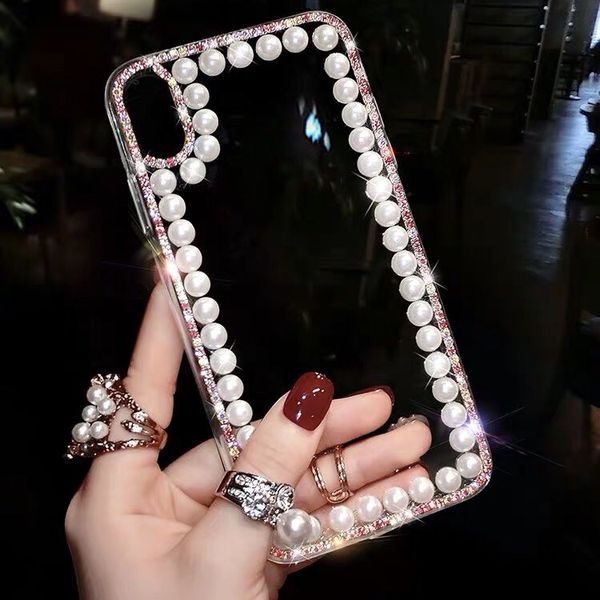 

Luxury Pearl Rhinestone Phone Case Transparent Cover Diamond Cover for iphone 11 pro max XS MAX XR 6 7 8 plus Samsung S10 plus S9 NOTE 10, White