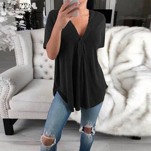 2019 zanzea casual short sleeve tunic women solid deep v neck blouse summer party loose shirt vestidos female blusas, White
2019 zanzea casual short sleeve tunic women solid deep v neck blouse summer party loose shirt vestidos female blusas, White