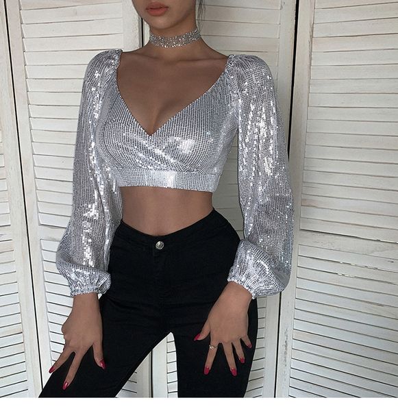 fashion sparkling sequins slim low bosom v neck t-shirt crop woman spring new lady top, White
fashion sparkling sequins slim low bosom v neck t-shirt crop woman spring new lady top, White