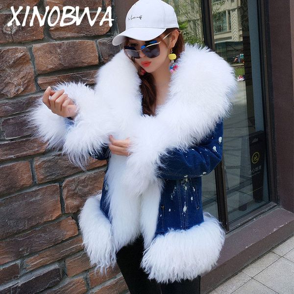 women winter high fashion big real wool fur collar fur liner denim coats female loose thick warm jeans jackets parkas, Black
women winter high fashion big real wool fur collar fur liner denim coats female loose thick warm jeans jackets parkas, Black