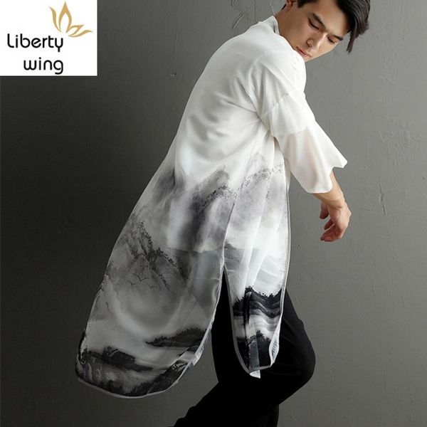 men's casual shirts 2021 summer men chiffon chinese style irregular long loose male printing half sleeve stand collar shirt, White;black
men's casual shirts 2021 summer men chiffon chinese style irregular long loose male printing half sleeve stand collar shirt, White;black