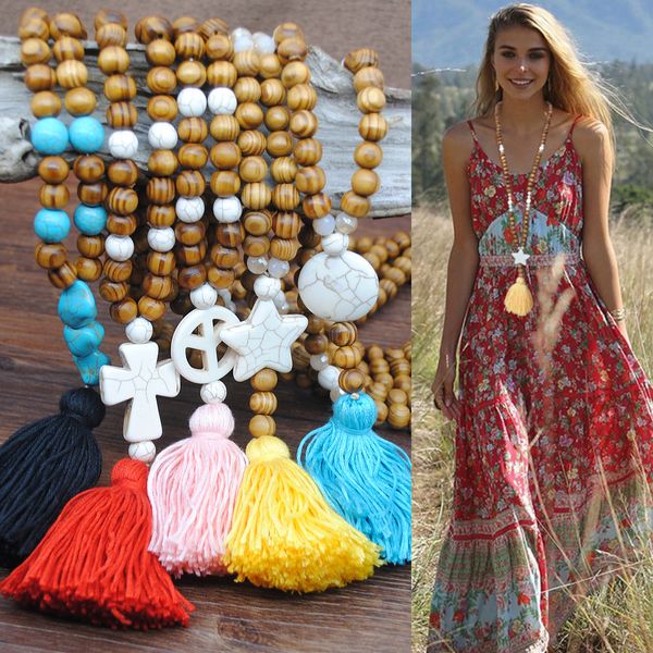 bohemian long fringed wooden pendant necklace for female women statement colorful fringe star heart big sweater jewelry, Silver 
bohemian long fringed wooden pendant necklace for female women statement colorful fringe star heart big sweater jewelry, Silver