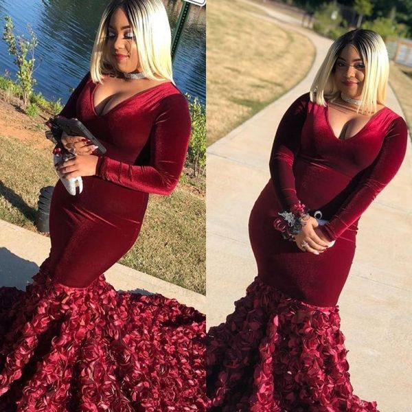 Bunrgundy Velvet Plus Size Prom Dresses 3D Rose Floral Mermaid Plunging V Neck Long Sleeves robes de soirée Formal Evening Dresses Long
Bunrgundy Velvet Plus Size Prom Dresses 3D Rose Floral Mermaid Plunging V Neck Long Sleeves robes de soirée Formal Evening Dresses Long