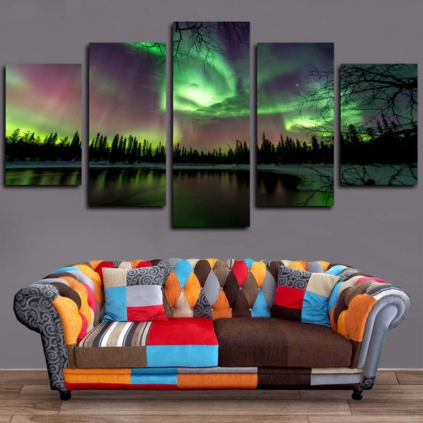 

5 panels canvas wall art green forest aurora lake trees scenery picture poster hd print on canvas oil painting giclee artwork wall decor