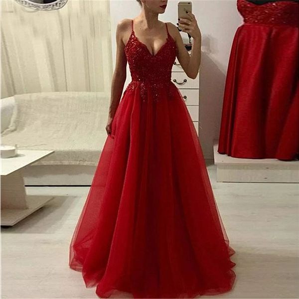 long evening dress 2019 burgundy spaghetti straps appique beaded v neck tulle special occasion gowns prom dresses, White;black
long evening dress 2019 burgundy spaghetti straps appique beaded v neck tulle special occasion gowns prom dresses, White;black