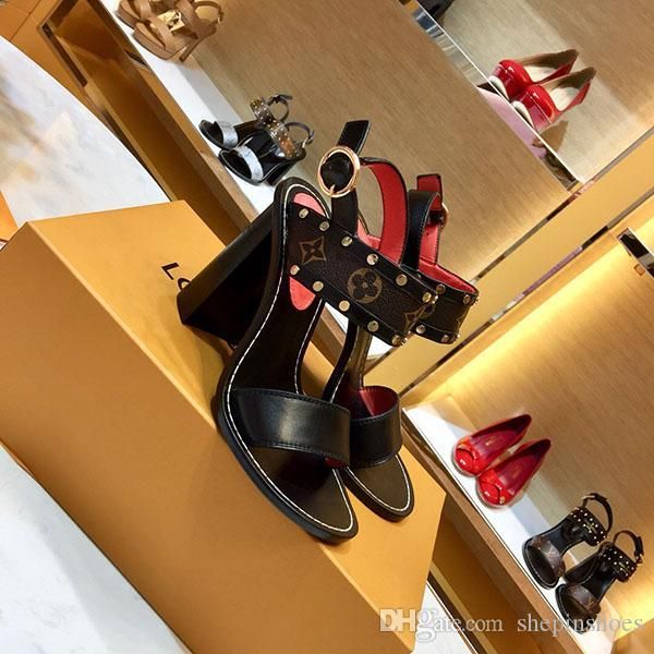 women print thick heel sandals leather sandal lady rubber outsole high chunky leather sandal size35-41, Black