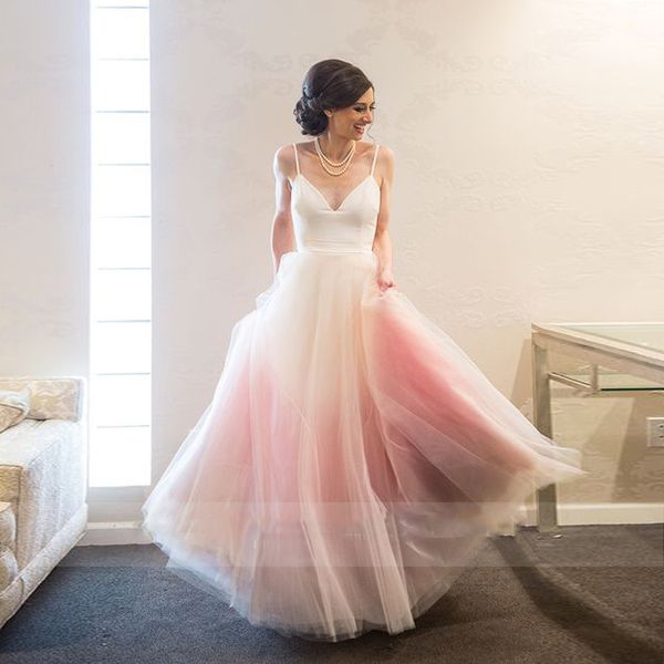 modest design spaghetti gradient tulle wedding dress with backless a line floor length bridal dress custom made, White
modest design spaghetti gradient tulle wedding dress with backless a line floor length bridal dress custom made, White