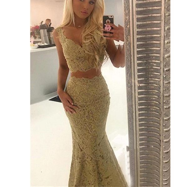 gold lace two piece vestido de noche mermaid evening dresses v neck prom dresses formal party dresses, Black;red
gold lace two piece vestido de noche mermaid evening dresses v neck prom dresses formal party dresses, Black;red