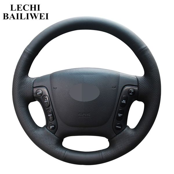 diy black genuine leather hand-stitched car steering wheel cover for santa fe 2007 - 2012 car accessories
diy black genuine leather hand-stitched car steering wheel cover for santa fe 2007 - 2012 car accessories
