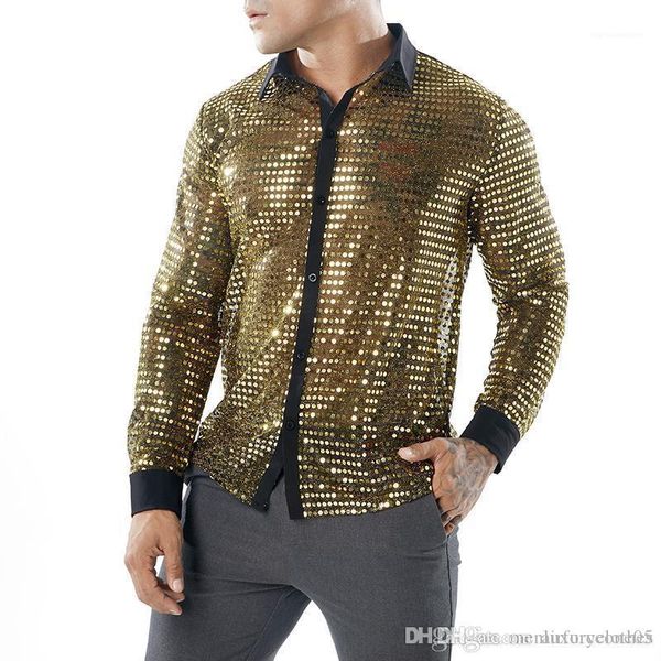 

evening club shirts see through mens clothing stage playing shirts gold silver black sequined, White;black