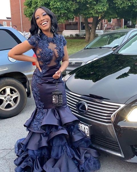 dark navy mermaid beaded prom dresses jewel neck appliqued rhinestones evening gowns plus size floor length satin tiered formal dress, Black
dark navy mermaid beaded prom dresses jewel neck appliqued rhinestones evening gowns plus size floor length satin tiered formal dress, Black
