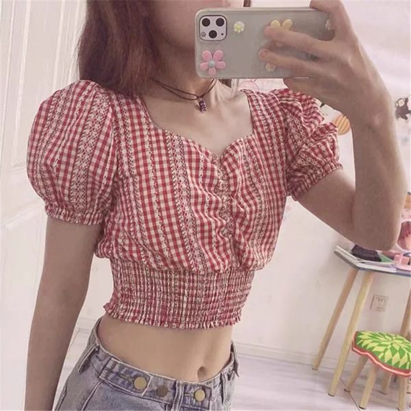 women's tanks & camis jg-t182 summer korean chic small square collar short sleeve t-shirt french bubble plaid top, White
women's tanks & camis jg-t182 summer korean chic small square collar short sleeve t-shirt french bubble plaid top, White