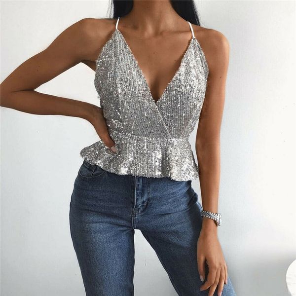 women sequin deep v neck backless sleeveless vest tank blouse camisole women summer casual vest camis, White
women sequin deep v neck backless sleeveless vest tank blouse camisole women summer casual vest camis, White