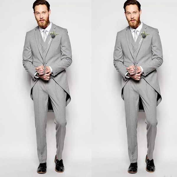 light gray men wedding tuxedos 3 pieces tailcoat groom wear custom made peaked lapel formal blazer, Black;gray
light gray men wedding tuxedos 3 pieces tailcoat groom wear custom made peaked lapel formal blazer, Black;gray