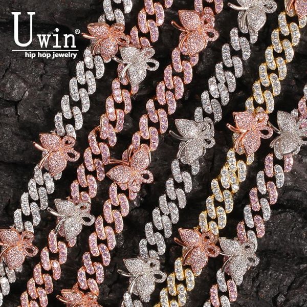 uwin mini butterfly cuban link 9mm pink choker cz punk miami link bling bling hip hop jewelry for gift, Golden;silver