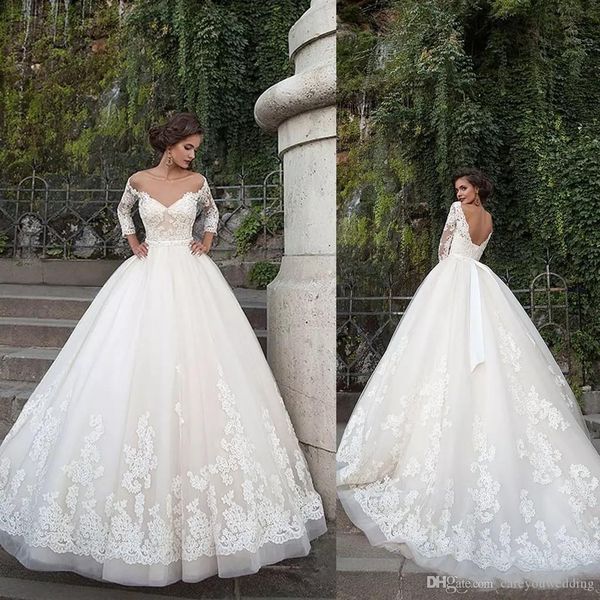 milla nova lace wedding dresses scoop neck applique off shoulder 3/4 sleeves vintage tiered tulle backless wedding bridal gowns sweep train, White
milla nova lace wedding dresses scoop neck applique off shoulder 3/4 sleeves vintage tiered tulle backless wedding bridal gowns sweep train, White