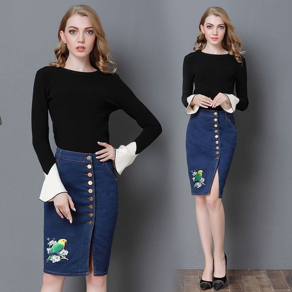 2019 summer new arrival plus size women's bird embroidery denim skirt single-breasted knee-length long jean skirt ing, Black
2019 summer new arrival plus size women's bird embroidery denim skirt single-breasted knee-length long jean skirt ing, Black