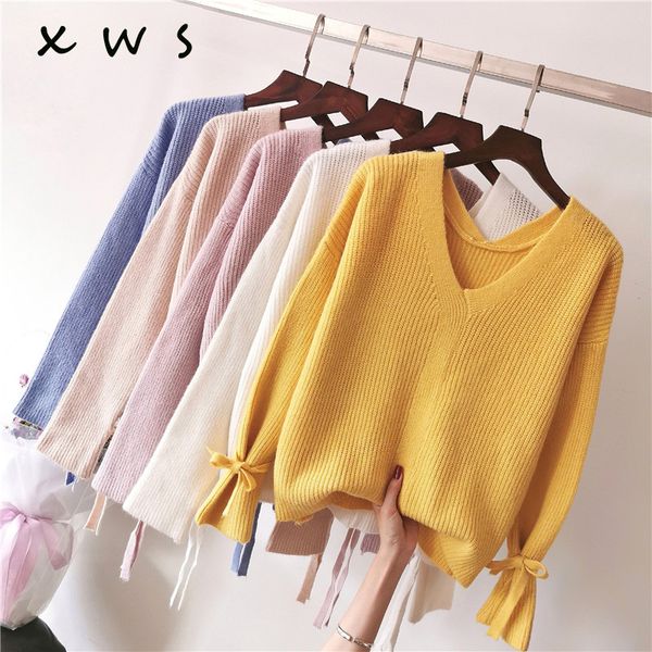 2019 sweet sweater women v neck bow tie up sweater split side pullover female autumn winter knitted loose flare sleeve, White;black
2019 sweet sweater women v neck bow tie up sweater split side pullover female autumn winter knitted loose flare sleeve, White;black