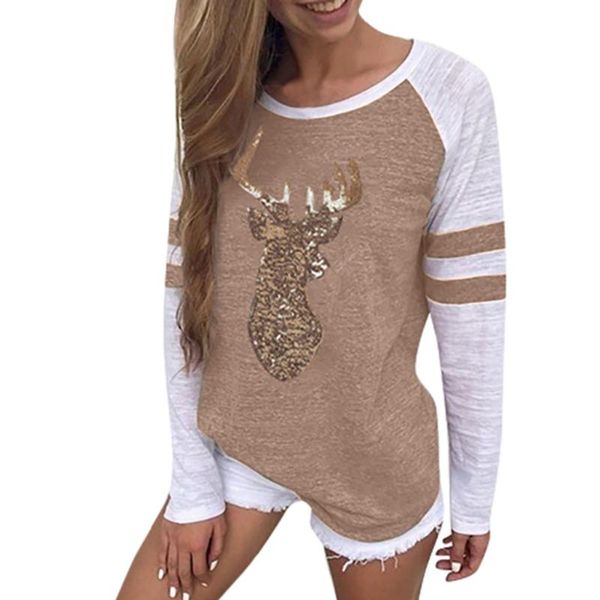 plus size christmas women t-shirt elk print xmas long sleeve happy t shirt winter female roupas feminina #415, White