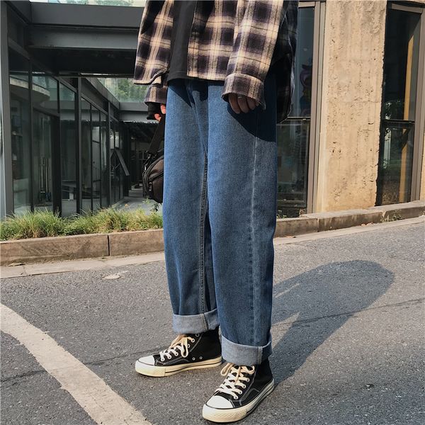 2019 autumn new japanese korean trend men's tide brand retro old loose straight couple lovers casual jeans, Blue
2019 autumn new japanese korean trend men's tide brand retro old loose straight couple lovers casual jeans, Blue