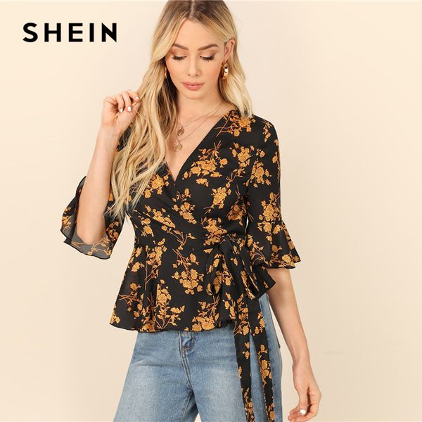 

shein bohemian multicolor flounce half sleeve surplice peplum floral print belted blouse women summer elegant and blouses, White