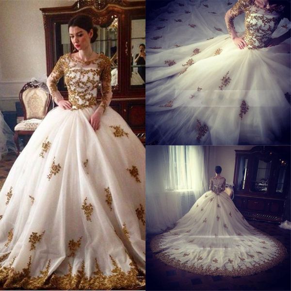 new gold lace gothic ball gown wedding dresses puffy beaded long sleeves bridal gown luxury long train sheer neck china church wedding gowns, White
new gold lace gothic ball gown wedding dresses puffy beaded long sleeves bridal gown luxury long train sheer neck china church wedding gowns, White