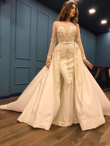 vintage beaded pearls mermaid wedding dresses with detachable train long sleeves african lace bridal gowns wedding party vestidos custom, White
vintage beaded pearls mermaid wedding dresses with detachable train long sleeves african lace bridal gowns wedding party vestidos custom, White