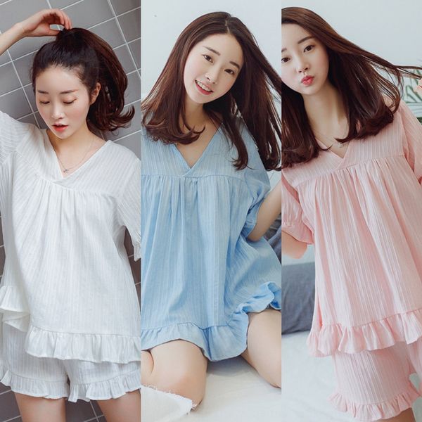 2019 women's loose home clothes shorts pajamas pajamas suit cotton short-sleeved shorts two-piece suit women's home clothes, Blue;red
2019 women's loose home clothes shorts pajamas pajamas suit cotton short-sleeved shorts two-piece suit women's home clothes, Blue;red
