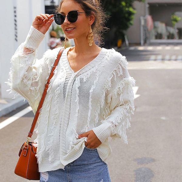 women knit sweater pullover sweater fashion v-neck 2019 new fringed lace stitching warm loose female autumn winter k2, White;black
women knit sweater pullover sweater fashion v-neck 2019 new fringed lace stitching warm loose female autumn winter k2, White;black