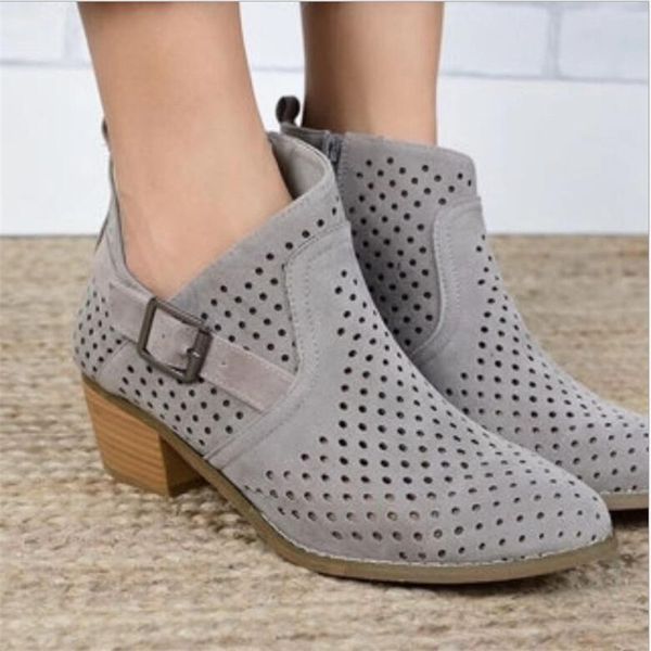 2019 leather shoes women spring summer ankle boots hollow out breathable slip on low heel soft, Black