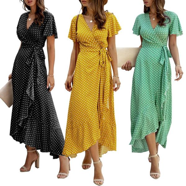 women v neck polka dot print ruffle dress summer fashion lace up high split boho long dress irregular butterfly sleeve d30, Black;gray
women v neck polka dot print ruffle dress summer fashion lace up high split boho long dress irregular butterfly sleeve d30, Black;gray