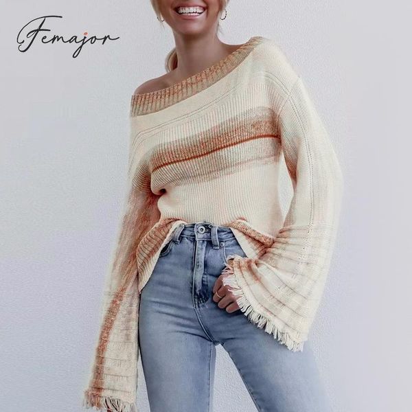 femajor women fashion off shoulder jumpers sweater female 2019 autumn winter chic tassel flare sleeve pullover stripe knit, White;black
femajor women fashion off shoulder jumpers sweater female 2019 autumn winter chic tassel flare sleeve pullover stripe knit, White;black