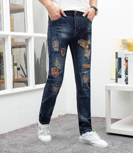 2019 men jeans stretchy ripped skinny biker embroidery print destroyed hole slim fit denim trousers scratched jeans, Blue
2019 men jeans stretchy ripped skinny biker embroidery print destroyed hole slim fit denim trousers scratched jeans, Blue