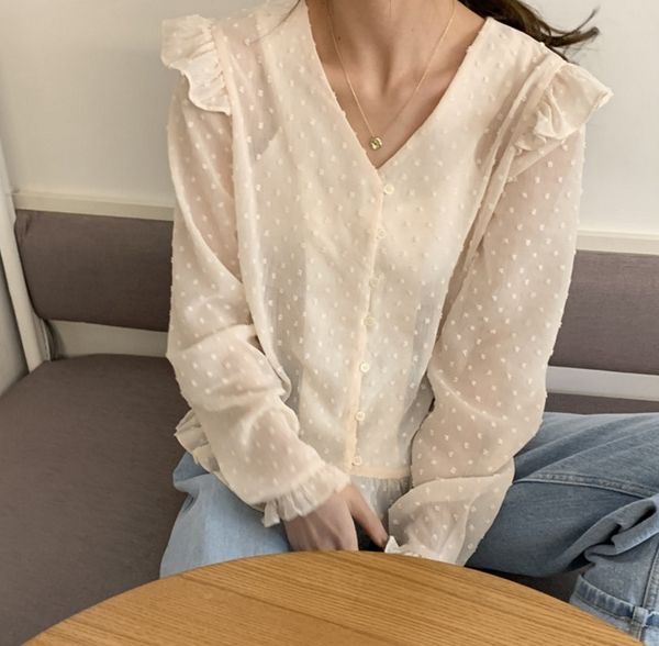 p shoot 2019 little fairy dotted transparent v-neck flounced chiffon blouse, White 
p shoot 2019 little fairy dotted transparent v-neck flounced chiffon blouse, White